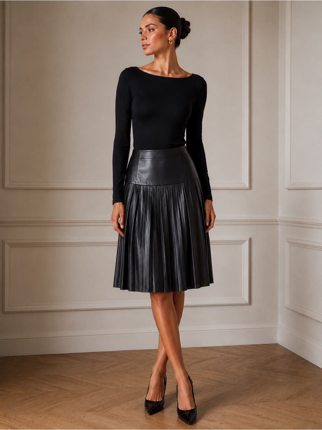 Rebecca Taylor | Black Vegan Faux Leather Pleated A-Line Midi Skirt - Size 12